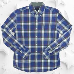 J CREW Plaid Chambray Trim Wrinkle Resistant Button Down Shirt Blue Slim Medium